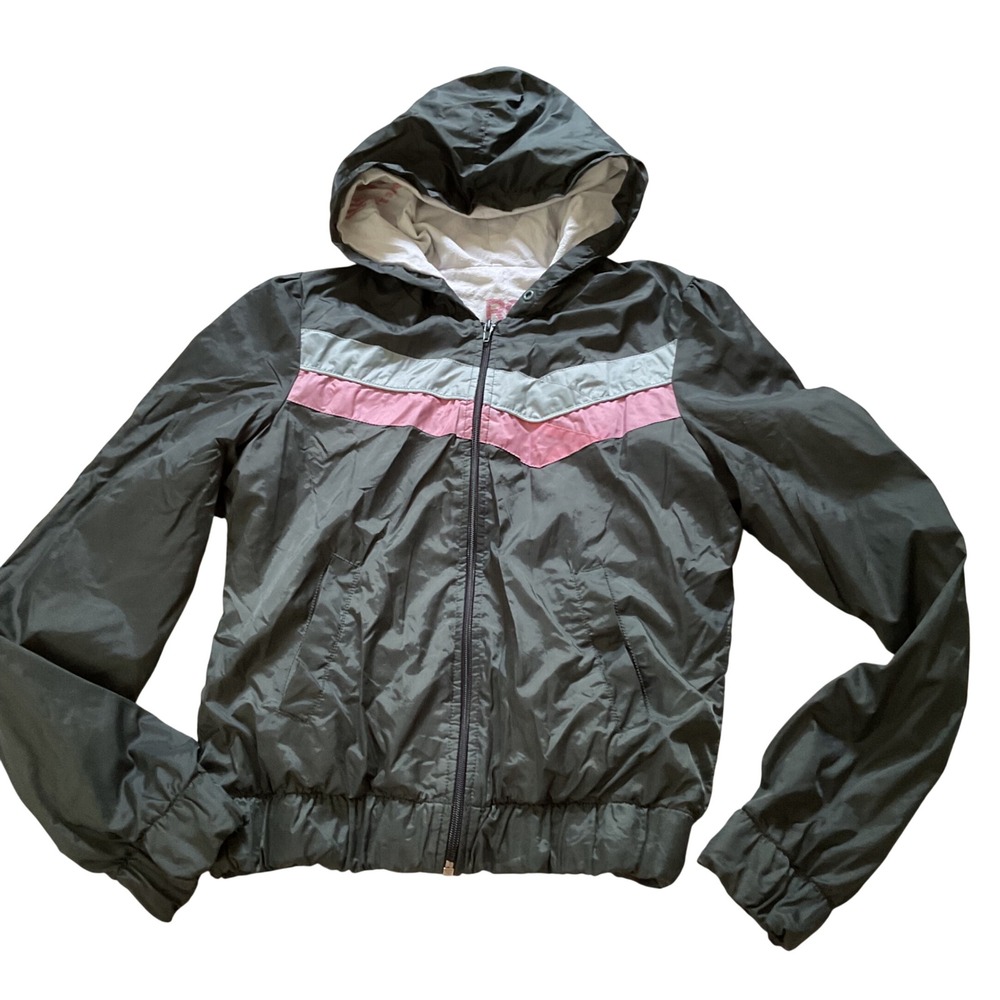 Roxy Womens Full Zip Windbreaker Jacket Hooded Chevron Stripe‎ Green Pink Large